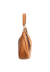 tan leather curved moonshape bag with top handle side