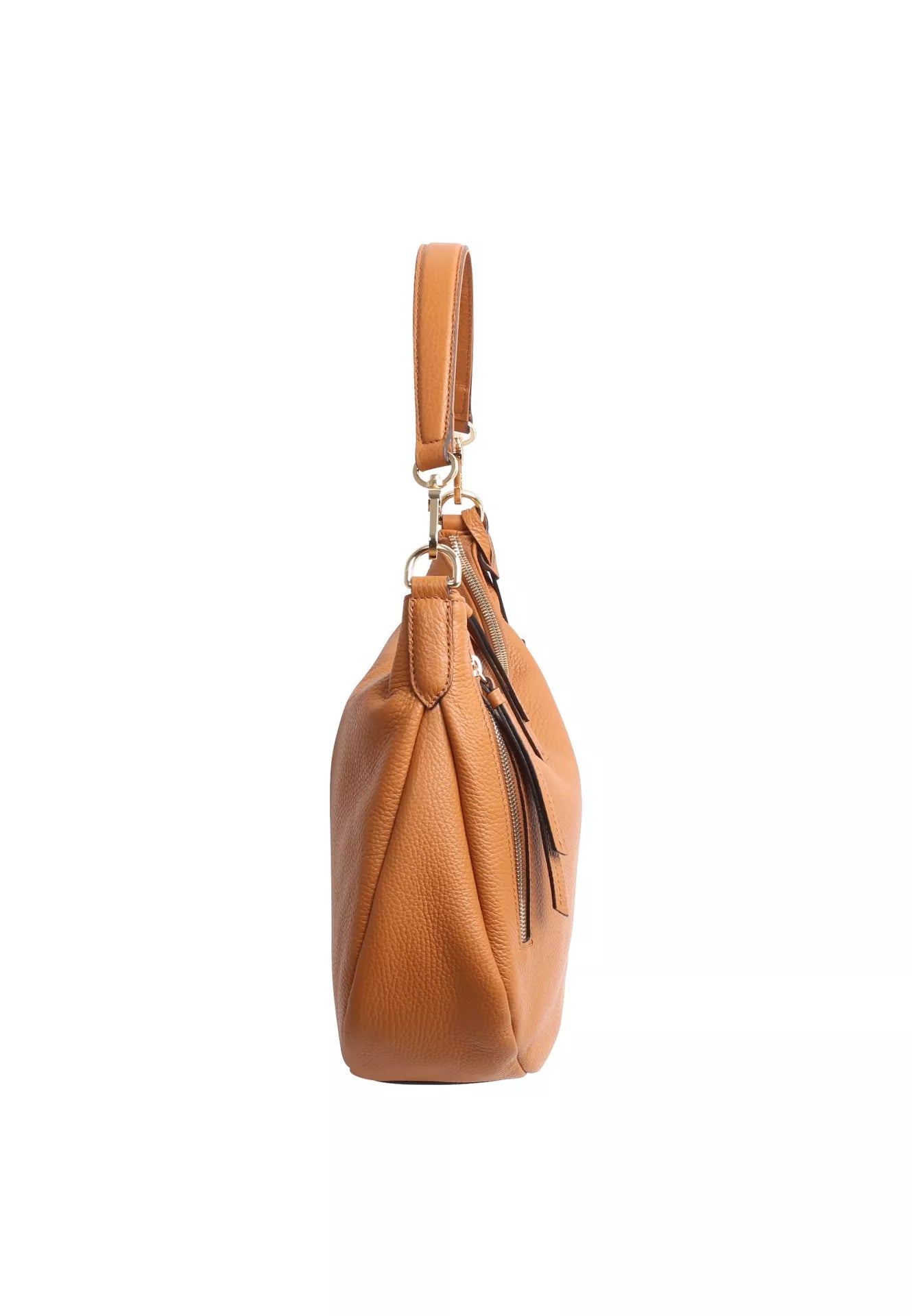 tan leather curved moonshape bag with top handle side