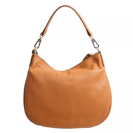 tan leather curved moonshape bag with top handle rear