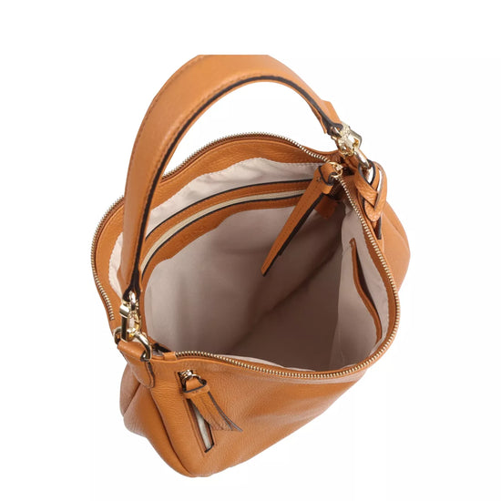 tan leather curved moonshape bag with top handle interior