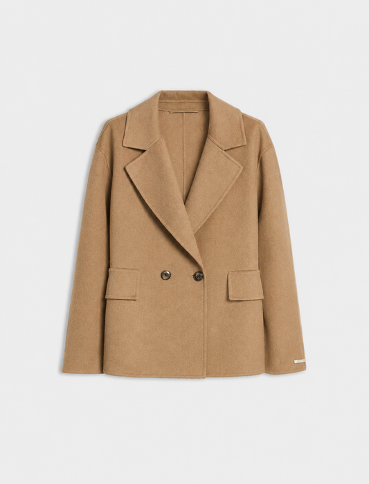 flat lay image of a camel wool short coat- single breasted on a white background 