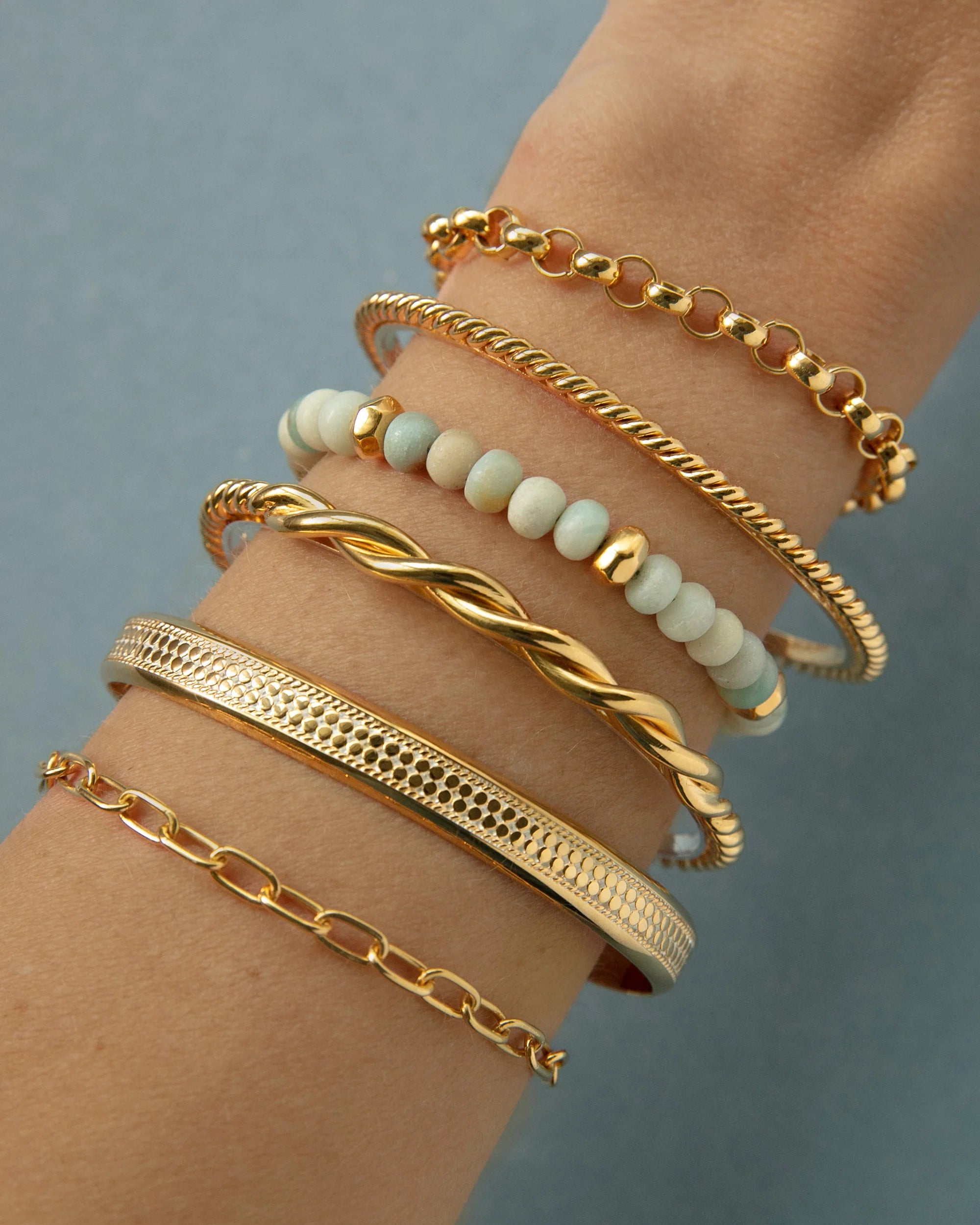 Amazonite beaded bracelet within cuff and bracelet stack