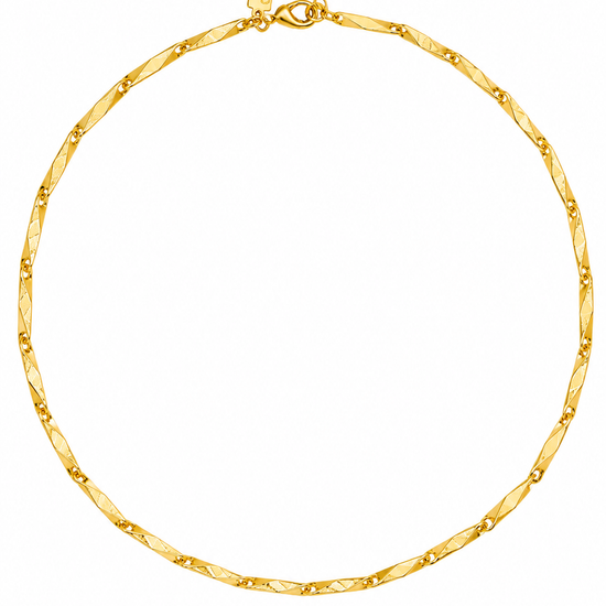 A close-up of a gold chain necklace with a textured, diamond-patterned center and small raised gold dots along the edges, shown against a plain white background.