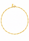 A close-up of a gold chain necklace with a textured, diamond-patterned center and small raised gold dots along the edges, shown against a plain white background.