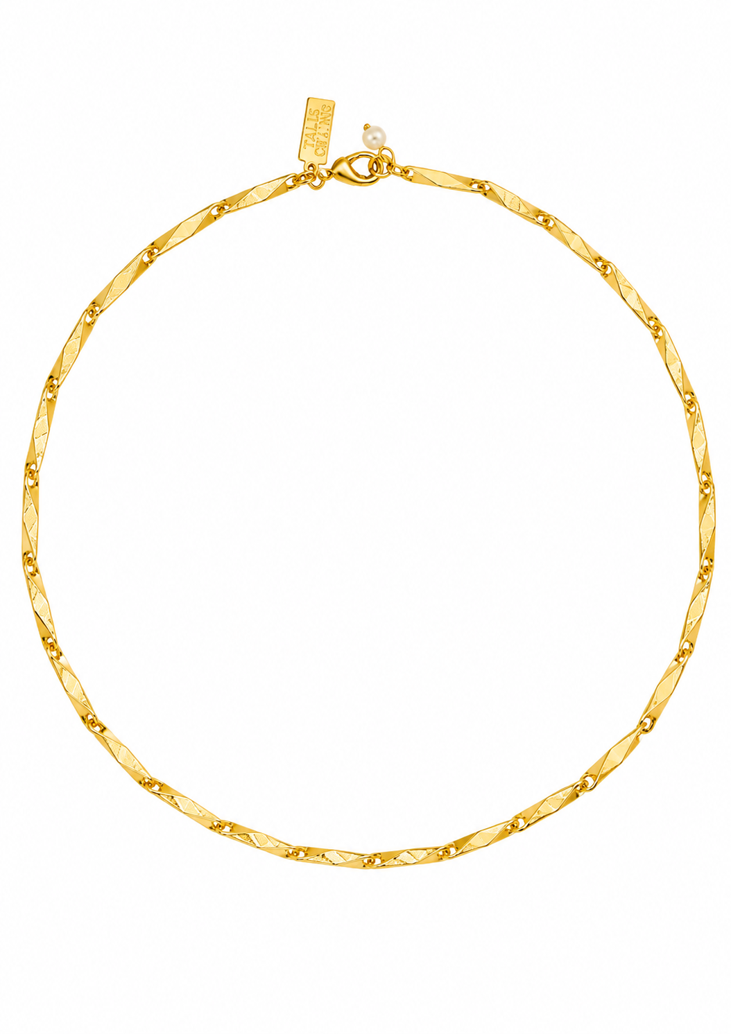 A close-up of a gold chain necklace with a textured, diamond-patterned center and small raised gold dots along the edges, shown against a plain white background.