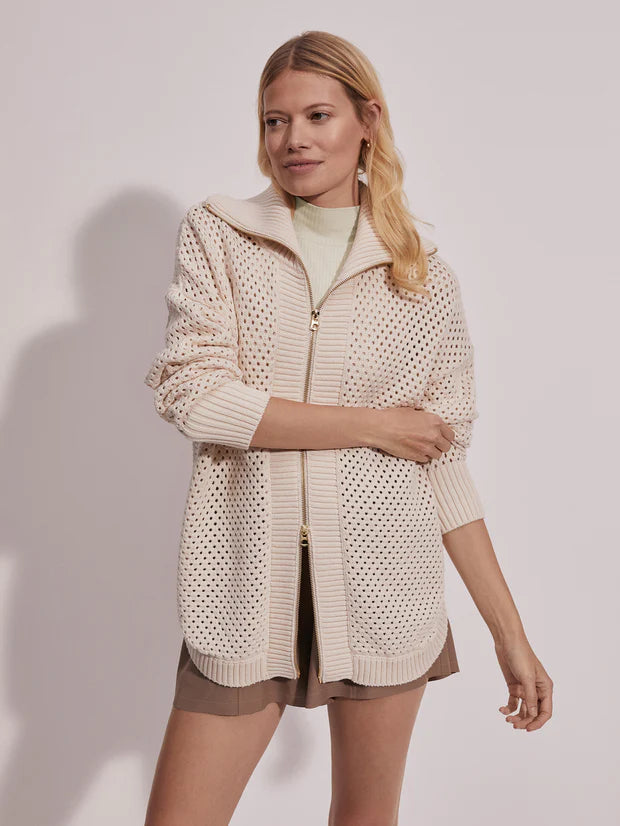 Ecru zip through knitted cardigan with silver zip and pointelle knitted stitching throughout