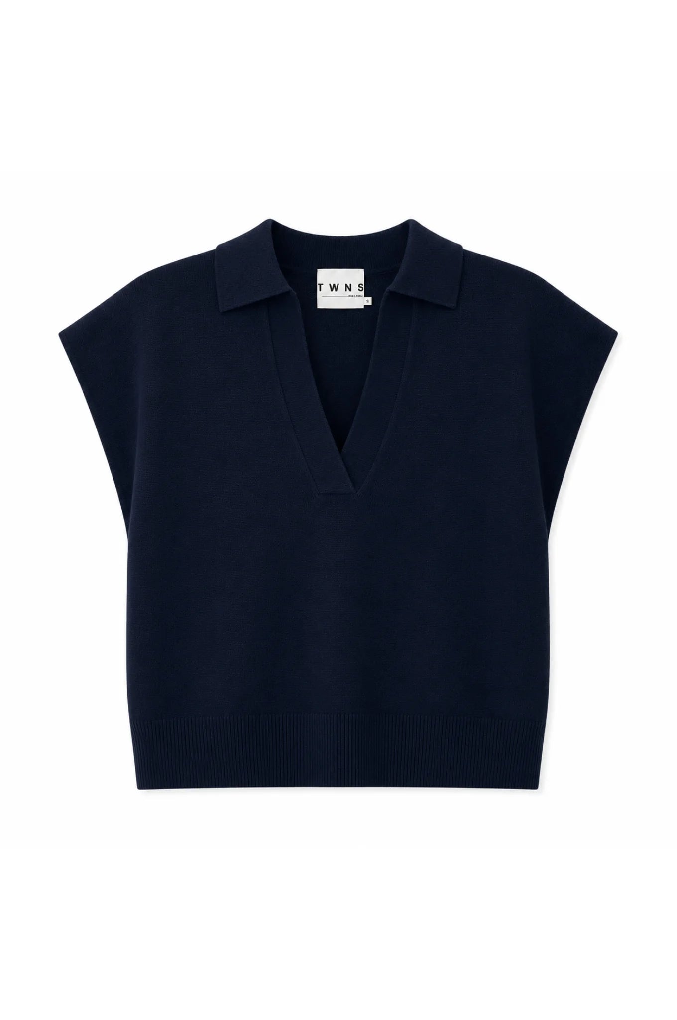 A navy blue knit polo vest with cap sleeves and a V-neckline, shown flat against a plain white background.