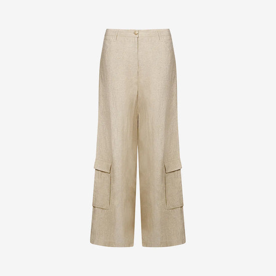 WIde leg linen blend gold trousers with pocket on the leg