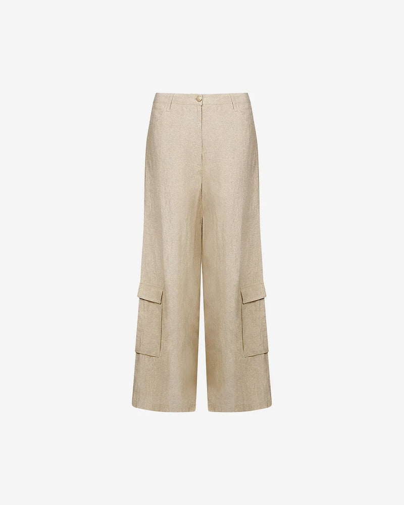 WIde leg linen blend gold trousers with pocket on the leg