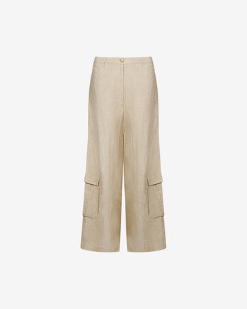 WIde leg linen blend gold trousers with pocket on the leg