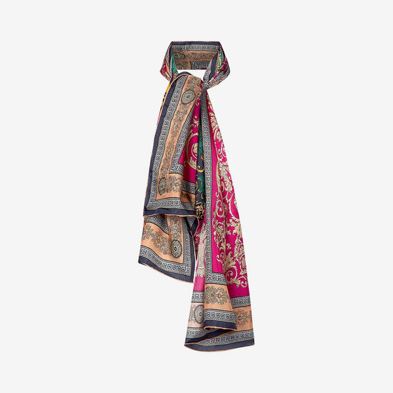 Rectangular silk scarf with floral print and borders in navy gold green and magenta pink