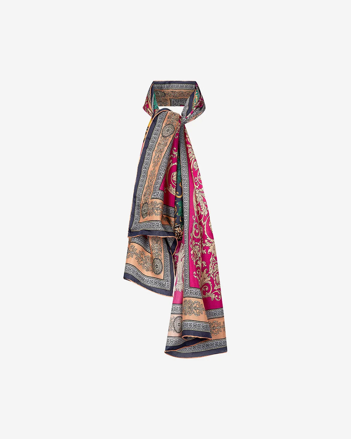 Rectangular silk scarf with floral print and borders in navy gold green and magenta pink