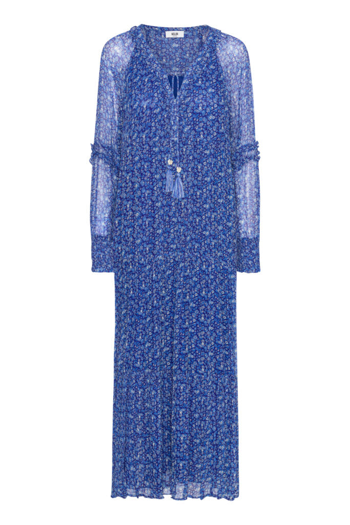 Maxi blue ditsy floral print long sleeved dress