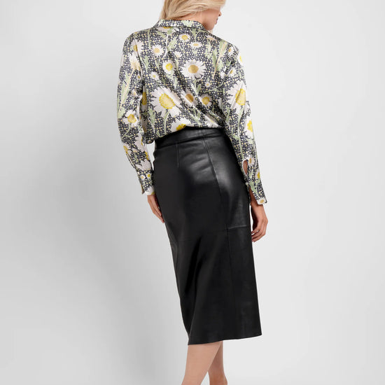 silk blazer shirt with button down and daisy print rear view 