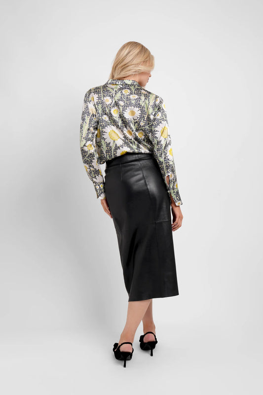 silk blazer shirt with button down and daisy print rear view 