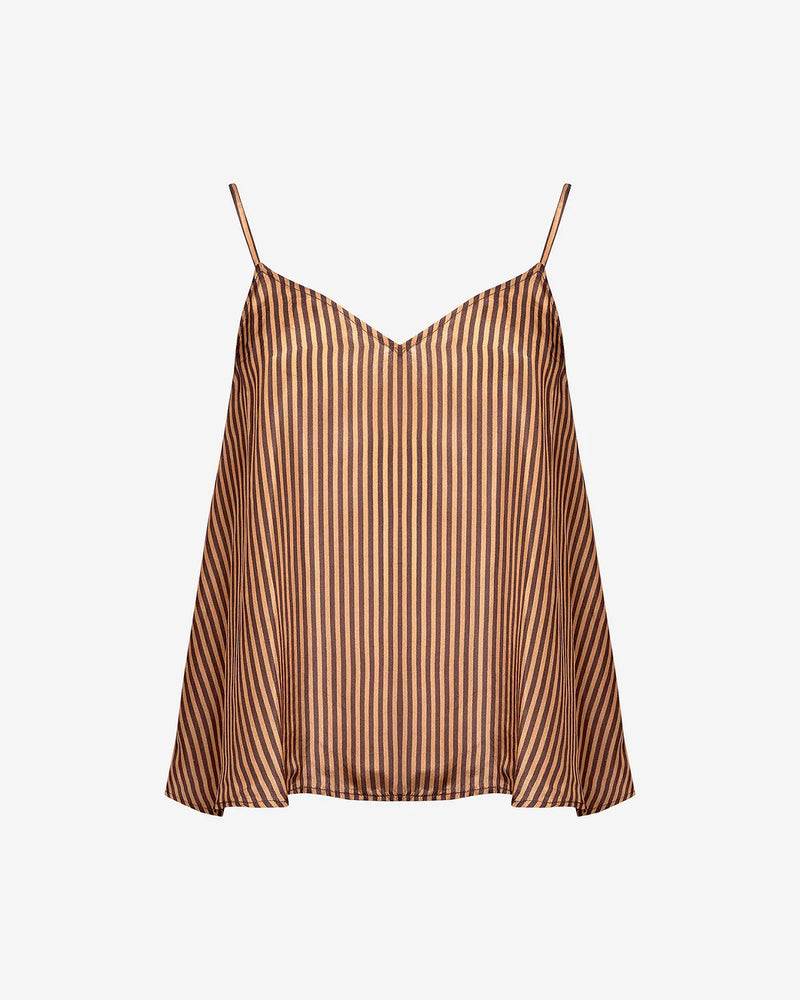 Habotai silk camisole top with adjustable spaghetti straps in chocolate brown and caramel stripe
