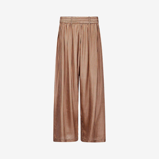 Wide leg silk trousers in brown and caramel stripes with an elasticated waist