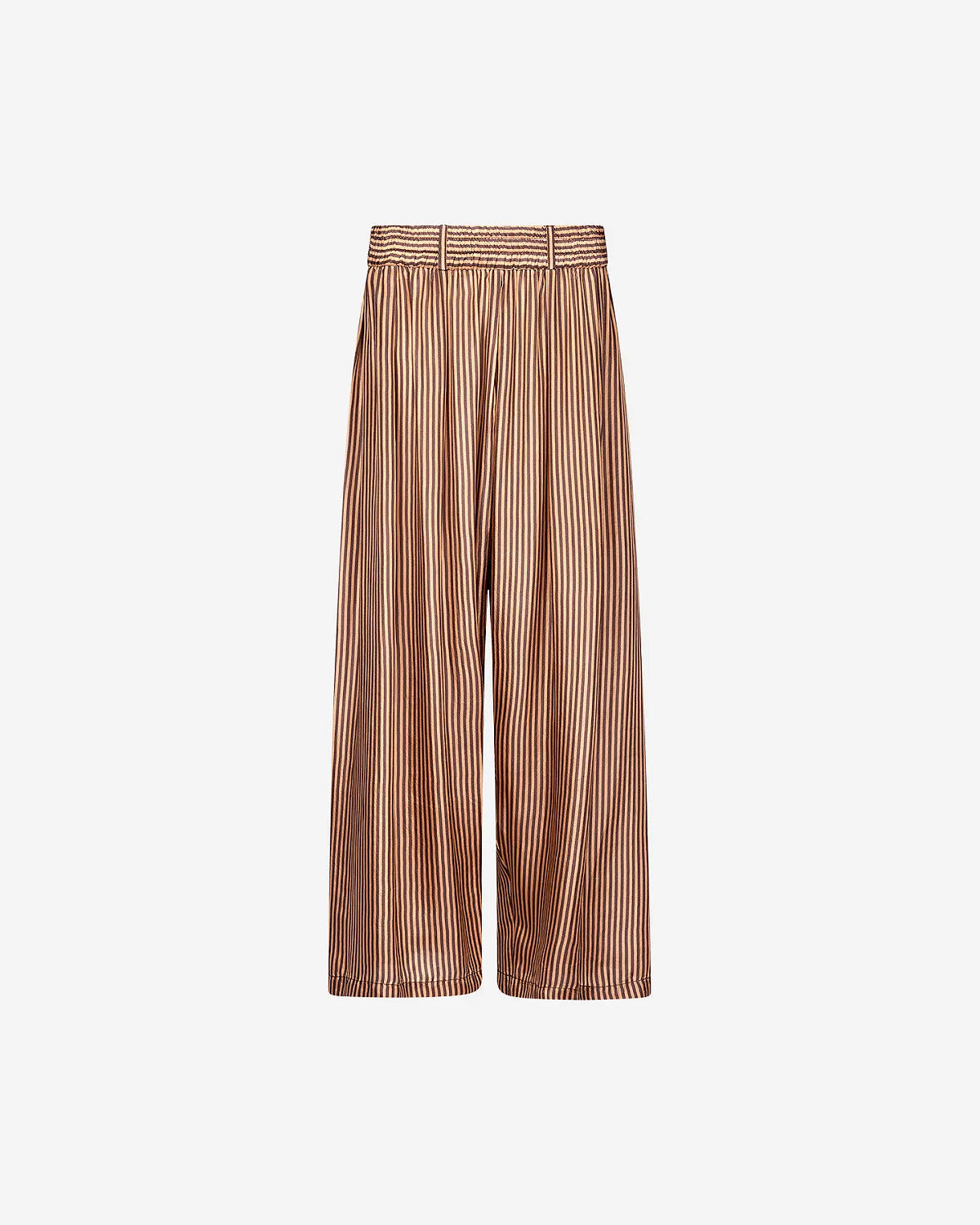 Wide leg silk trousers in brown and caramel stripes with an elasticated waist