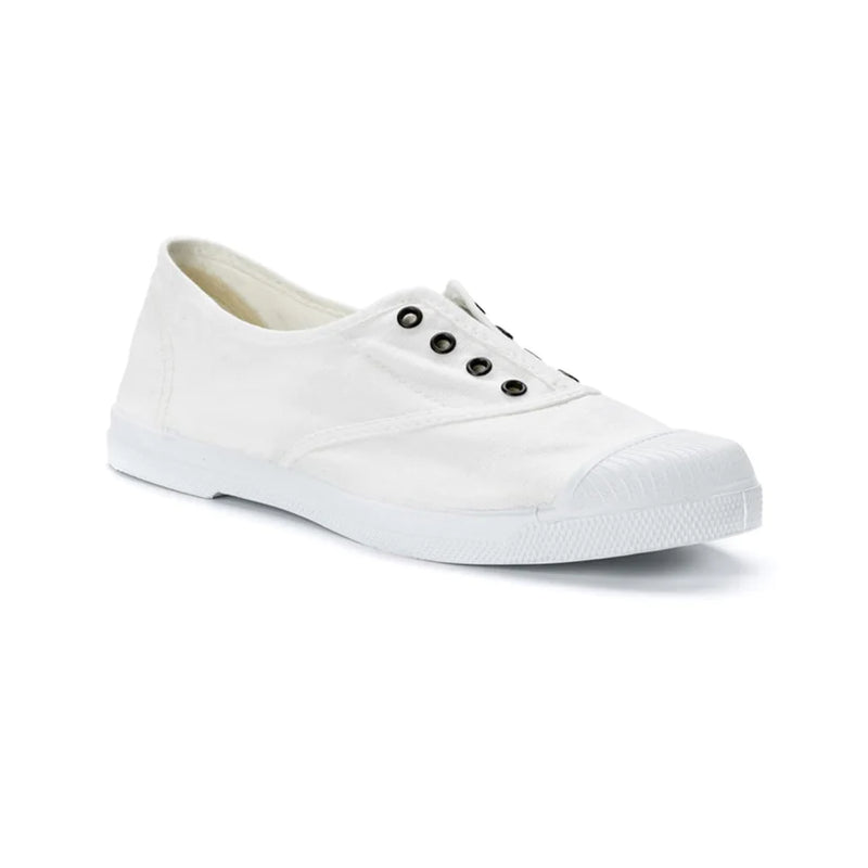 Off white canvas plimsole with optional laces and non slip white rubber sole
