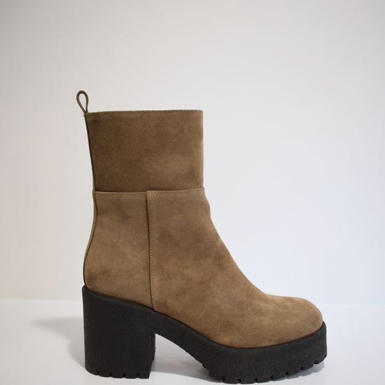 Taupe brown suede ankle boot with crepe black moulded rubber platform sole and heel