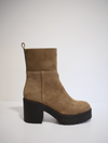 Taupe brown suede ankle boot with crepe black moulded rubber platform sole and heel