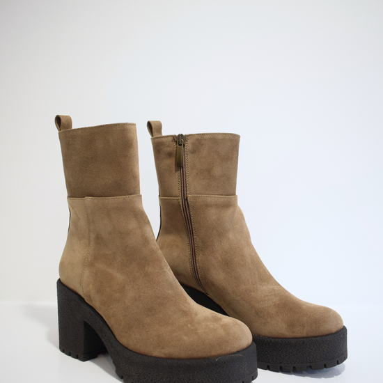 Taupe brown suede ankle boot with crepe black moulded rubber platform sole and heel