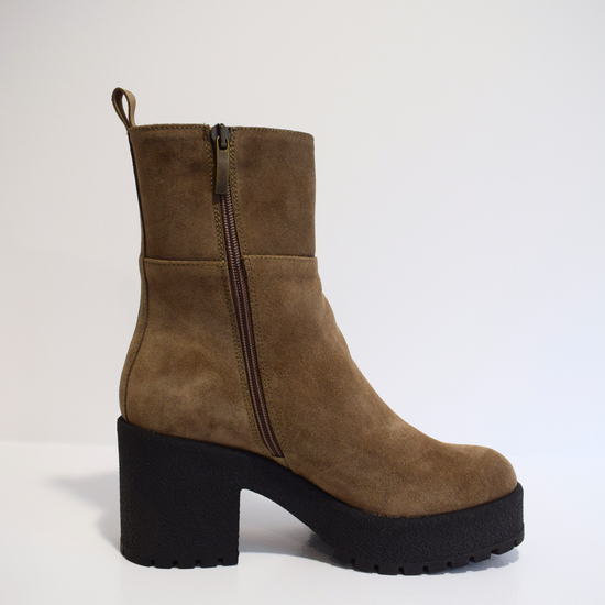 Taupe brown suede ankle boot with crepe black moulded rubber platform sole and heel