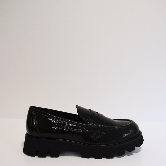 Patent moss green penny loafers with chunky black sole