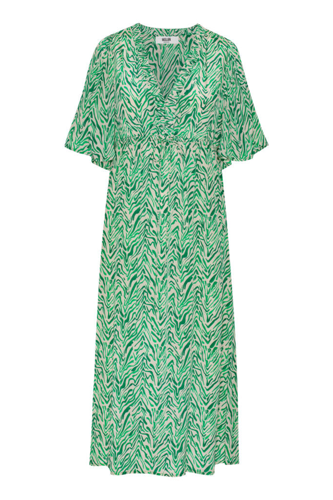 V neck midi dress with a short sleeve and drawstring waist in green print fabric