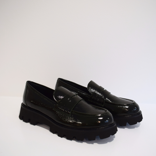 Patent moss green penny loafers with chunky black sole