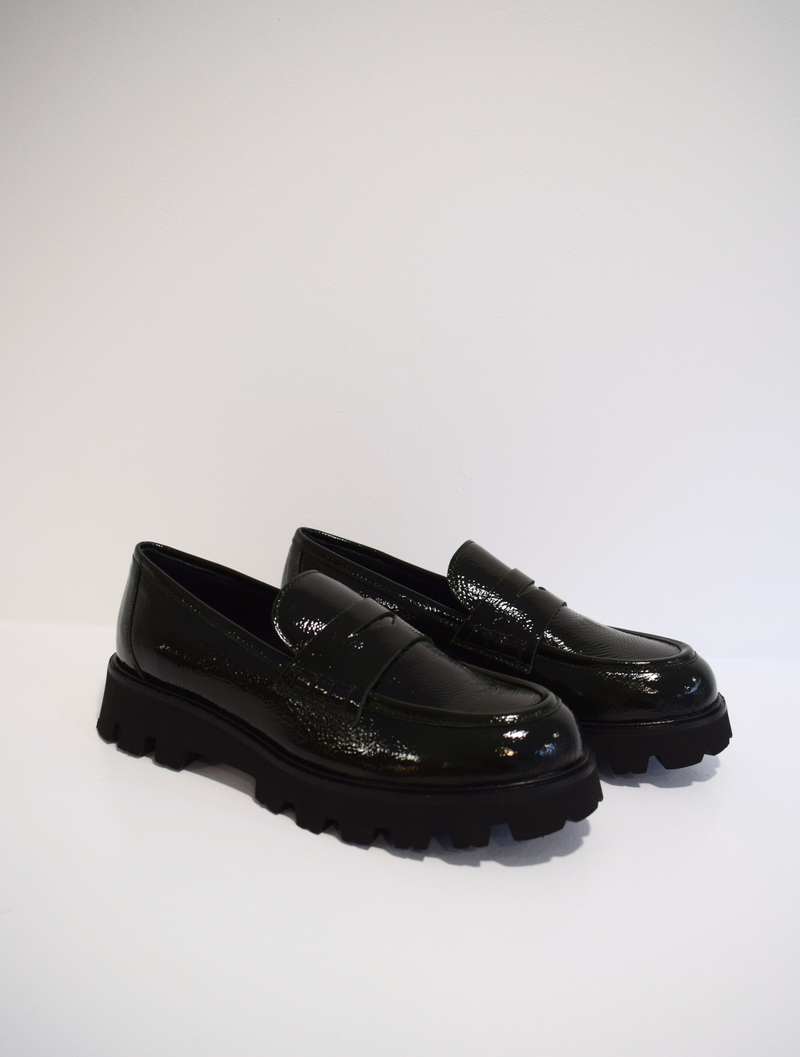 Patent moss green penny loafers with chunky black sole