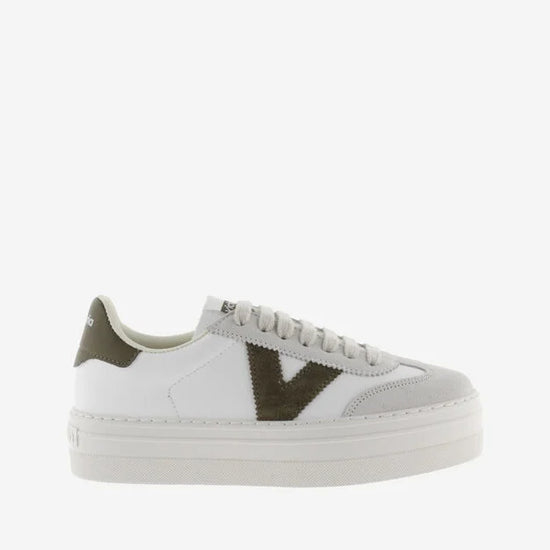 white platform trainers with green suede v on side from victoria