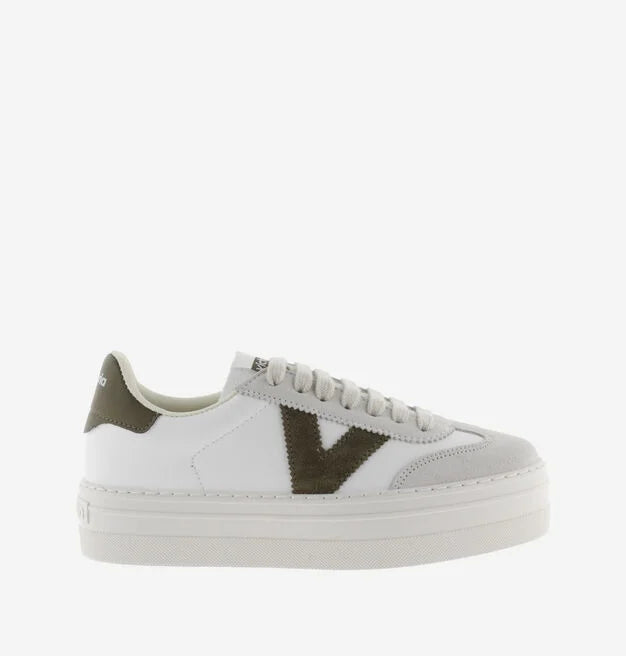 white platform trainers with green suede v on side from victoria