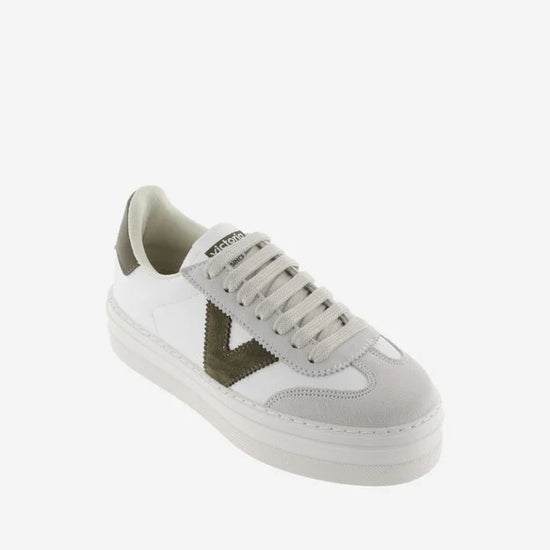 white platform trainers with green suede v on side from victoria 