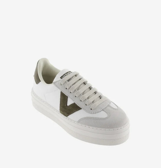white platform trainers with green suede v on side from victoria 