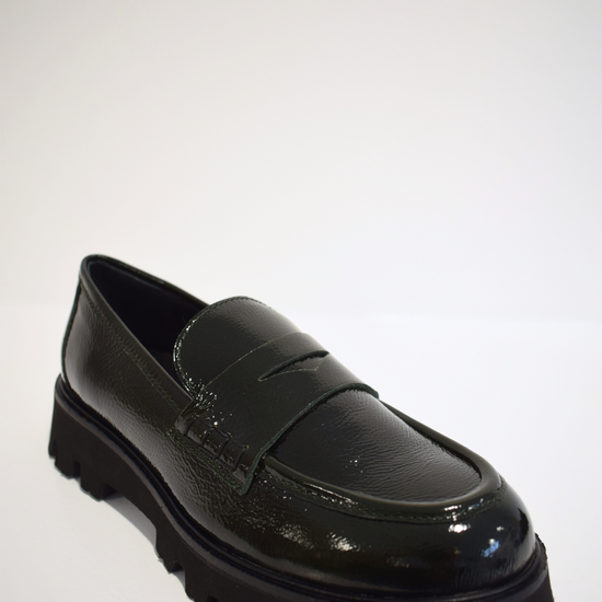 Patent moss green penny loafers with chunky black sole