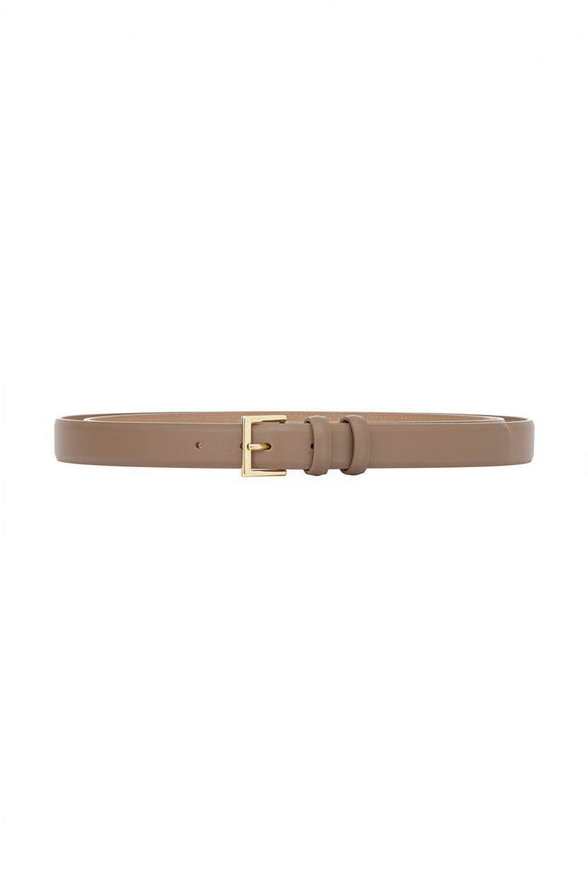 taupe  leather narrow belt with gold square buckle
