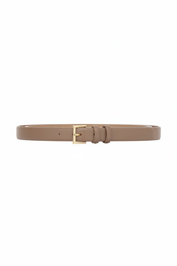 taupe  leather narrow belt with gold square buckle