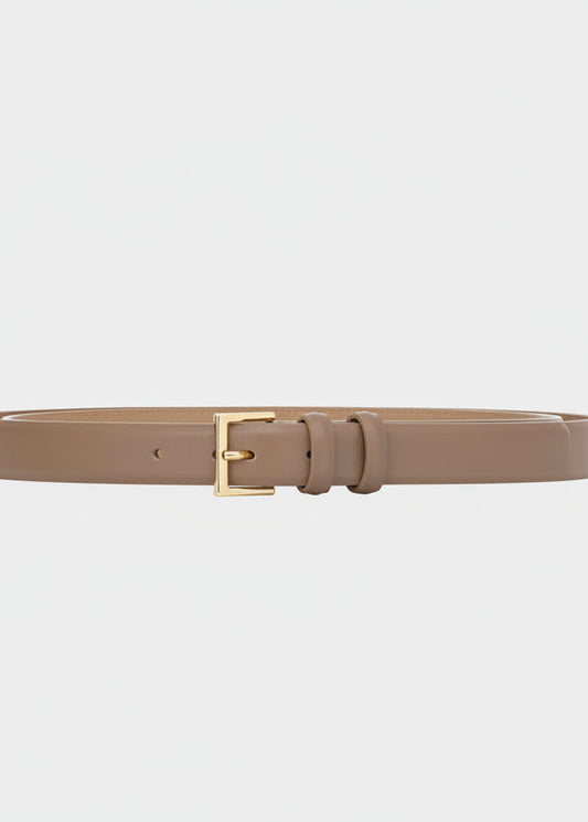 taupe  leather narrow belt with gold square buckle
