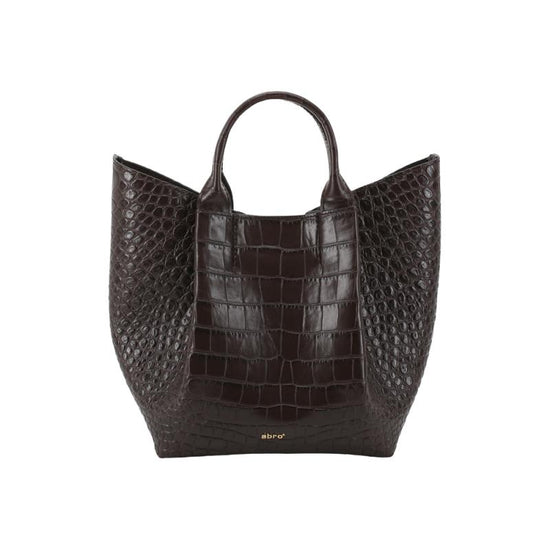 dark brown bucket bag with croc leather design and gold abro emblum on front