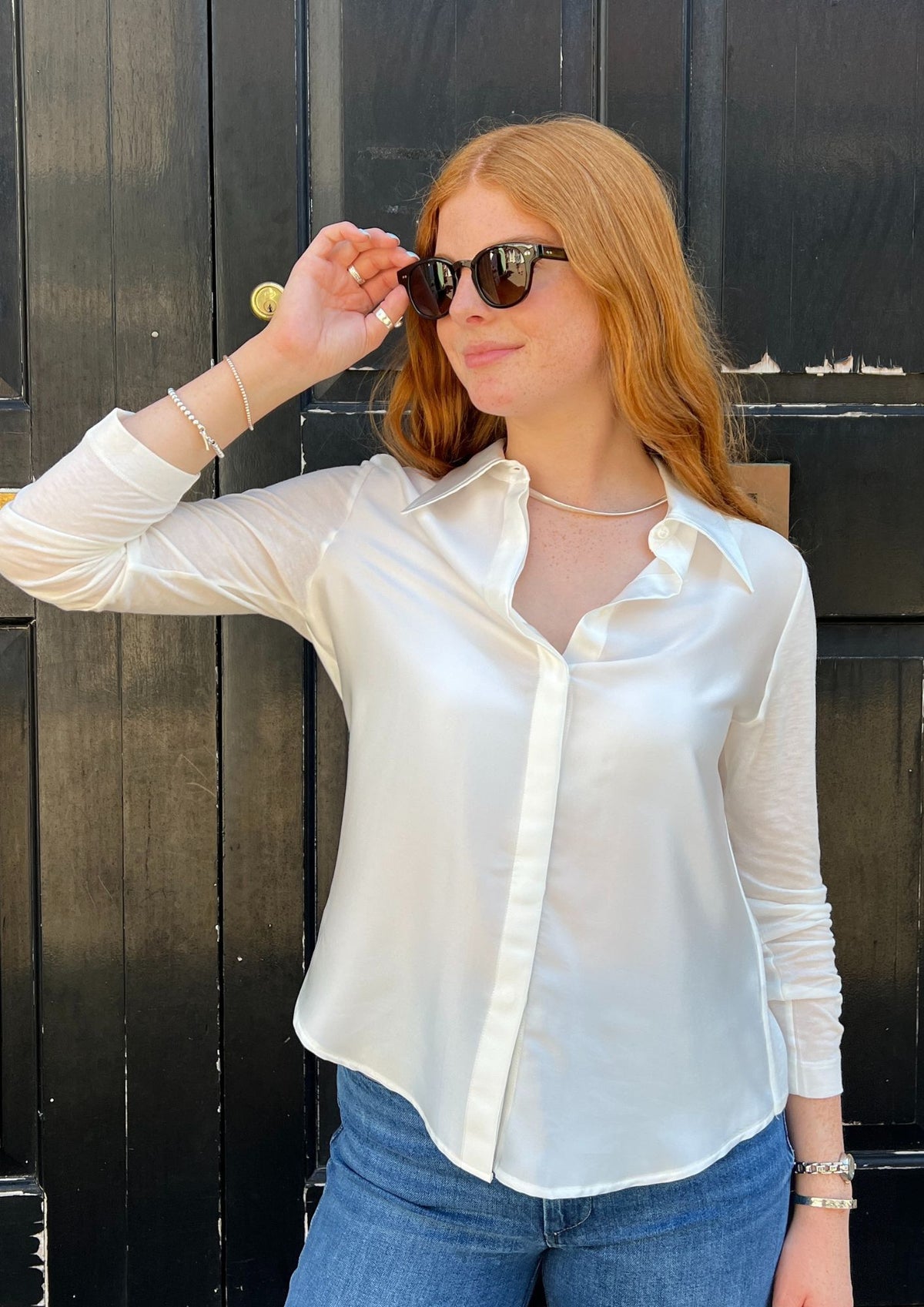 White shirt with silk and jersey button front 
