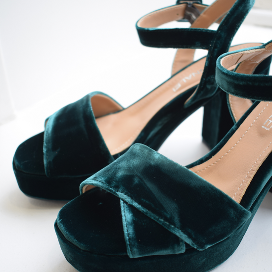 Deep green velvet platform sandals