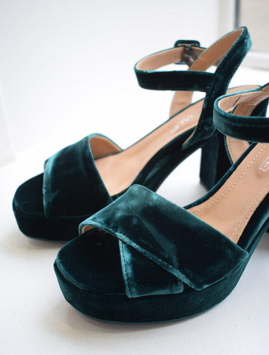 Deep green velvet platform sandals