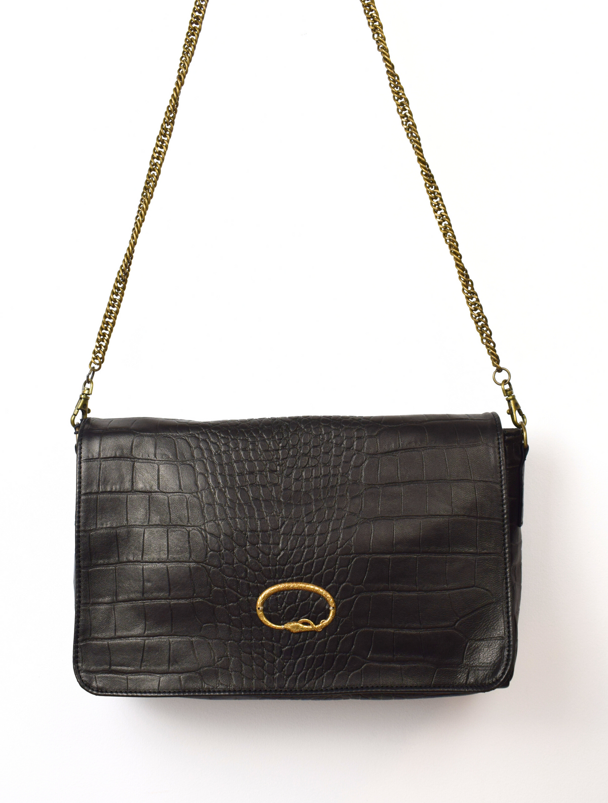 Black mock croc leather handbag with removable chain strap and cobra stomp detail