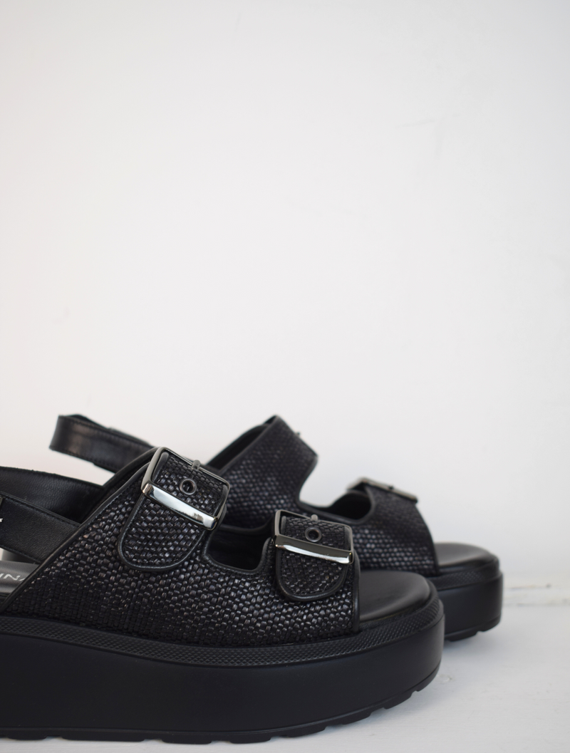 black raffia sandals with strap across back \