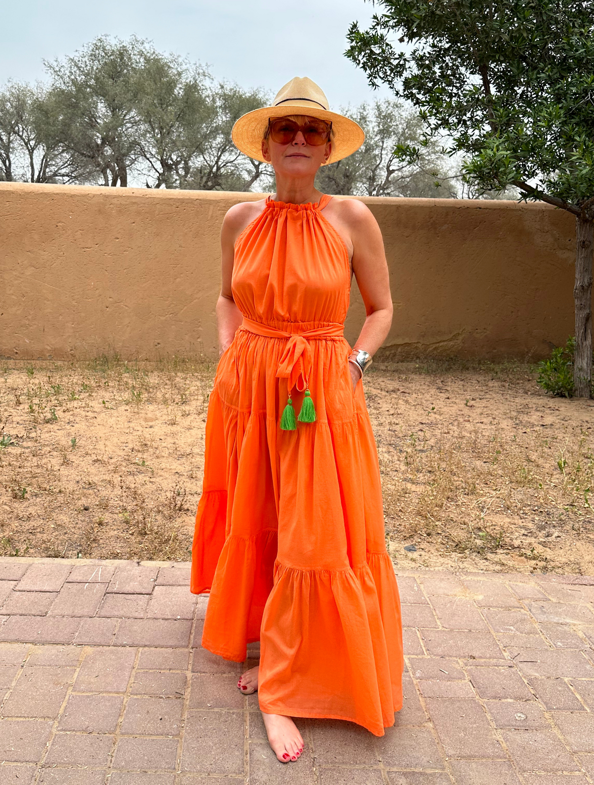 orange halter neck, full length dress 