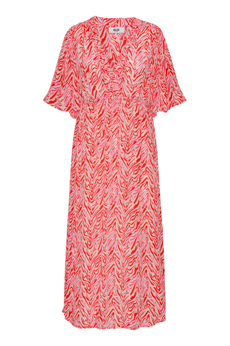 Pink an red printed midi dress with short sleeves and a V neck