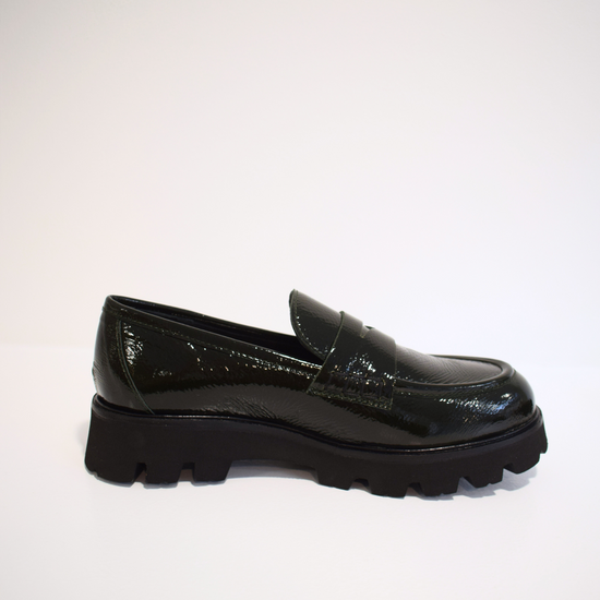 Patent moss green penny loafers with chunky black sole