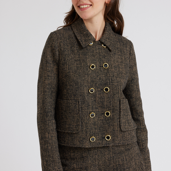 Cropped boucle and gold thread double breasted jacket with two patch pockets and gold and black enamel buttons