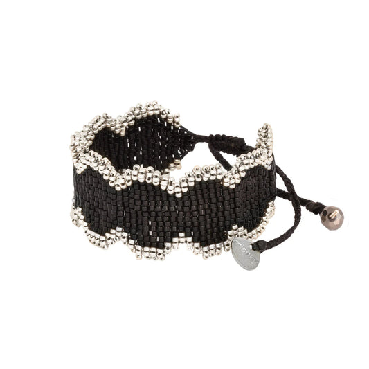 black and silver beaded bracelet with scalloped edge